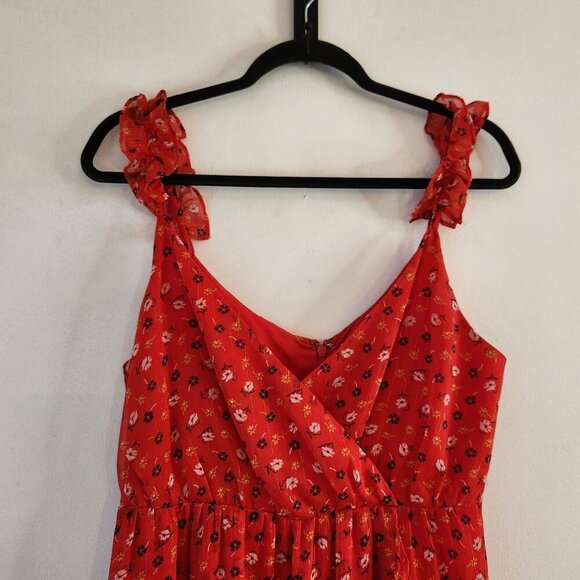 Madewell Ruffle-Strap Wrap Dress Red Midi Floral Print Summer Women's 6 - Picture 4 of 12
